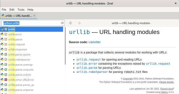 Zeal in action showing Python3's documentation on urllib.